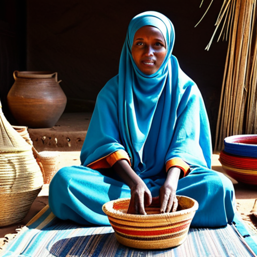 **Prompt 1 (Traditional Somali Artisan):**
    A Somali female artisan, fully clothed in modest, traditional attire, sits gently on a mat in a sun-drenched, rustic workshop. Her hands, showcasing perfect anatomy and proper finger count, are meticulously weaving an intricate, brightly colored basket from dried palm fibers. Around her, various traditional Somali arts and crafts are subtly displayed, including simple pottery and carved wooden tools, reflecting the rich heritage. The image is a professional, high-quality photograph with natural lighting and a peaceful, authentic atmosphere, ensuring appropriate content and a safe for work, family-friendly aesthetic.