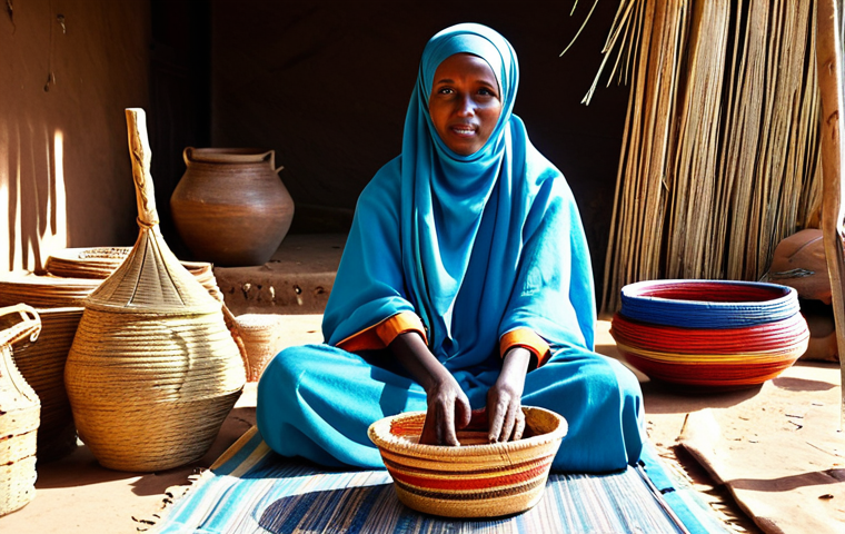 **Prompt 1 (Traditional Somali Artisan):**
    A Somali female artisan, fully clothed in modest, traditional attire, sits gently on a mat in a sun-drenched, rustic workshop. Her hands, showcasing perfect anatomy and proper finger count, are meticulously weaving an intricate, brightly colored basket from dried palm fibers. Around her, various traditional Somali arts and crafts are subtly displayed, including simple pottery and carved wooden tools, reflecting the rich heritage. The image is a professional, high-quality photograph with natural lighting and a peaceful, authentic atmosphere, ensuring appropriate content and a safe for work, family-friendly aesthetic.