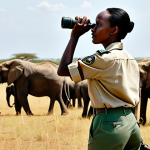 **

"A Somali woman, a wildlife conservationist, fully clothed in modest safari attire, including a khaki shirt and pants, holding binoculars, standing in the African savanna, observing a herd of elephants in the distance, appropriate content, safe for work, professional, perfect anatomy, natural pose, realistic rendering, natural lighting, family-friendly."

**