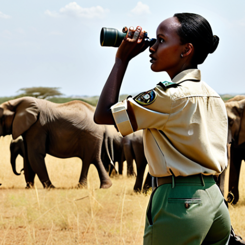 **

"A Somali woman, a wildlife conservationist, fully clothed in modest safari attire, including a khaki shirt and pants, holding binoculars, standing in the African savanna, observing a herd of elephants in the distance, appropriate content, safe for work, professional, perfect anatomy, natural pose, realistic rendering, natural lighting, family-friendly."

**