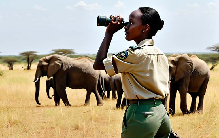 **

"A Somali woman, a wildlife conservationist, fully clothed in modest safari attire, including a khaki shirt and pants, holding binoculars, standing in the African savanna, observing a herd of elephants in the distance, appropriate content, safe for work, professional, perfect anatomy, natural pose, realistic rendering, natural lighting, family-friendly."

**