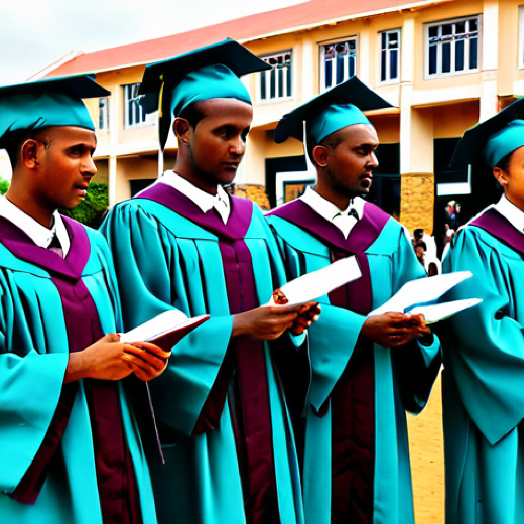 **

"A graduation ceremony at the Somali National University. Students in academic gowns, fully clothed and appropriate attire, are receiving diplomas from faculty members. The university buildings are visible in the background. Safe for work, family-friendly, professional, perfect anatomy, natural proportions, well-formed hands, proper finger count, realistic lighting, high resolution, detailed environment, clear focus, modest dress."

**