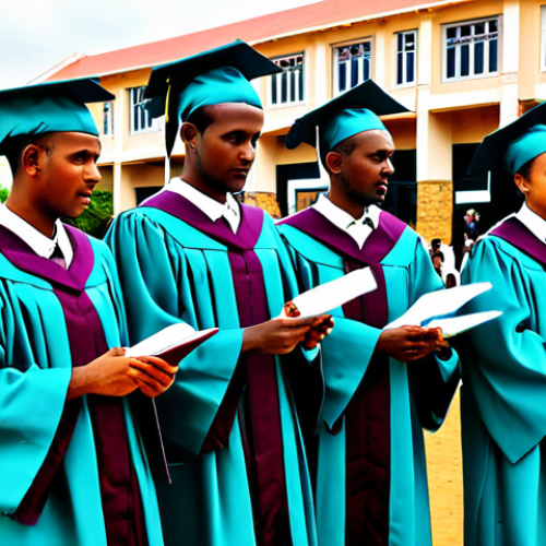 **

"A graduation ceremony at the Somali National University. Students in academic gowns, fully clothed and appropriate attire, are receiving diplomas from faculty members. The university buildings are visible in the background. Safe for work, family-friendly, professional, perfect anatomy, natural proportions, well-formed hands, proper finger count, realistic lighting, high resolution, detailed environment, clear focus, modest dress."

**