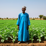 **Sustainable Agriculture:** "A Somali farmer in modest clothing inspecting a healthy crop yield in a modern, irrigated field, appropriate attire, perfect anatomy, natural proportions, safe for work, professional, family-friendly."