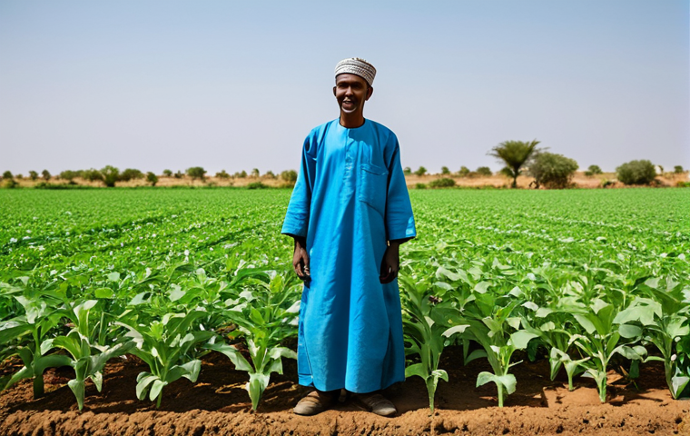 **Sustainable Agriculture:** "A Somali farmer in modest clothing inspecting a healthy crop yield in a modern, irrigated field, appropriate attire, perfect anatomy, natural proportions, safe for work, professional, family-friendly."