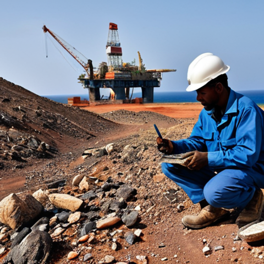 **Oil & Gas Exploration:** "A professional geologist, fully clothed in appropriate field gear, examining rock samples in a Somali landscape with an oil rig visible in the distance. Safe for work, appropriate content, professional setting, perfect anatomy, natural proportions."