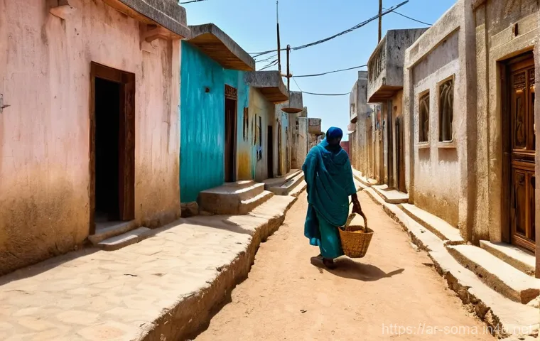 소말리아 건축 양식 - Prompt 1: Ancient Coastal City Alleyway in Mogadishu**