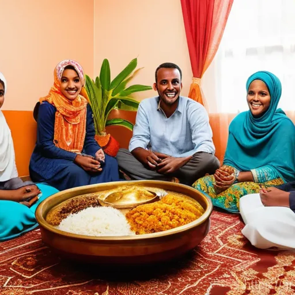 소말리아 문화적 특징 - **A vibrant Somali family gathering, showcasing warm hospitality and traditional cuisine.**
    A mu...