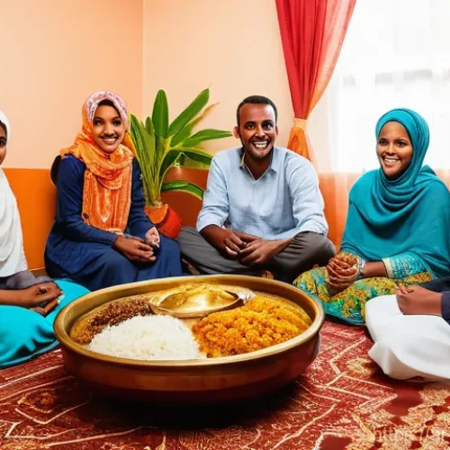 소말리아 문화적 특징 - **A vibrant Somali family gathering, showcasing warm hospitality and traditional cuisine.**
    A mu...