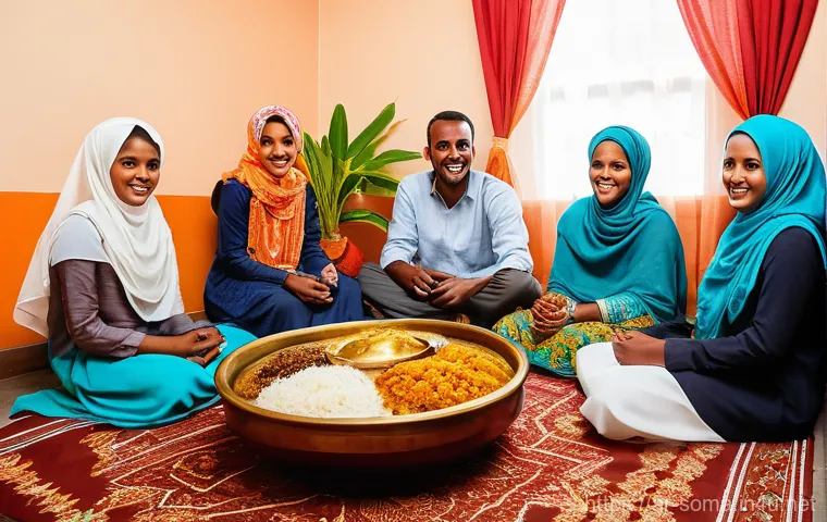 소말리아 문화적 특징 - **A vibrant Somali family gathering, showcasing warm hospitality and traditional cuisine.**
    A mu...