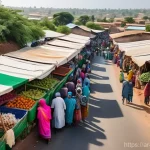 소말리아의 주요 도로망 - **Prompt 1: Bustling Somali Roadside Market**
    "A vibrant, wide-angle shot of a newly paved, mode...