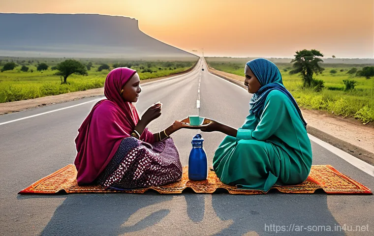소말리아의 주요 도로망 - **Prompt 1: Bustling Somali Roadside Market**
    "A vibrant, wide-angle shot of a newly paved, mode...