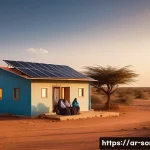 소말리아 의료 보조 기기 - A rural Somali health clinic scene at sunset, showing a modest building with solar panels on the roo...