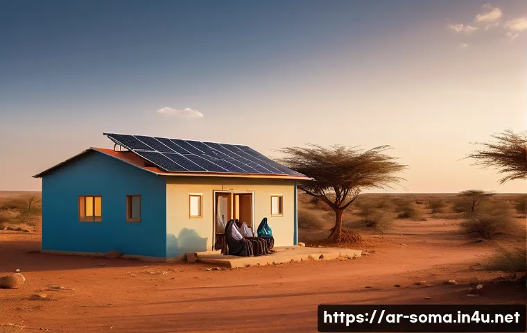 소말리아 의료 보조 기기 - A rural Somali health clinic scene at sunset, showing a modest building with solar panels on the roo...