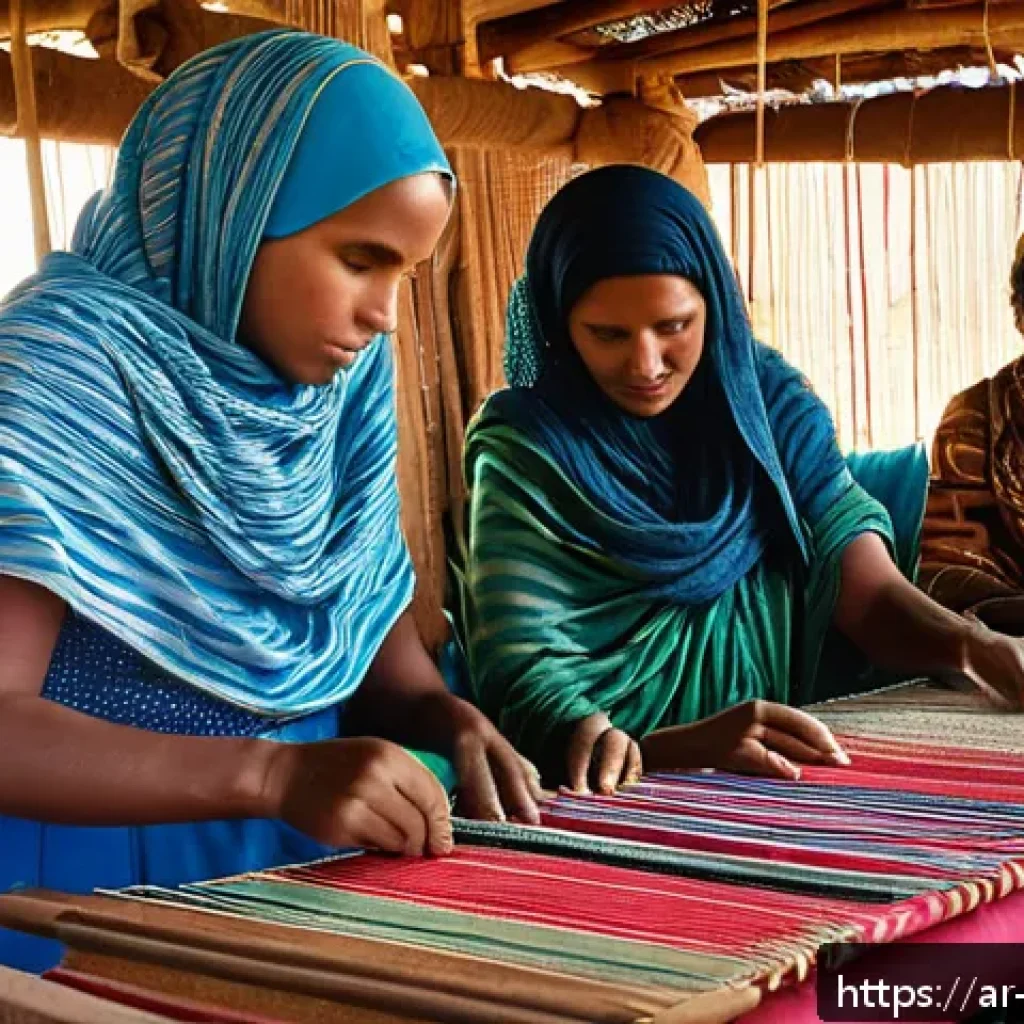 소말리아 전통 예술품 - A vibrant traditional Somali craft workshop scene featuring artisans weaving handwoven cotton and wo...