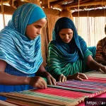 소말리아 전통 예술품 - A vibrant traditional Somali craft workshop scene featuring artisans weaving handwoven cotton and wo...