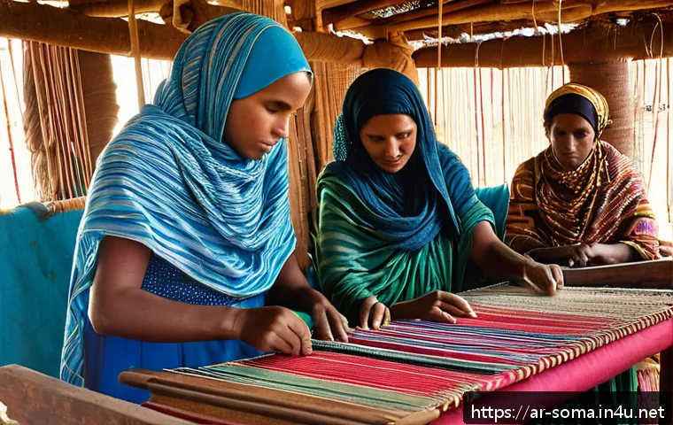 소말리아 전통 예술품 - A vibrant traditional Somali craft workshop scene featuring artisans weaving handwoven cotton and wo...