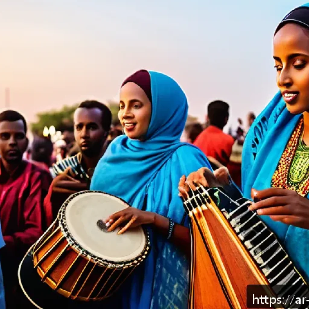 소말리아 현대 음악 - A vibrant live Somali music festival scene at sunset, featuring a diverse group of young Somali musi...