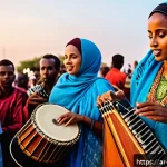 소말리아 현대 음악 - A vibrant live Somali music festival scene at sunset, featuring a diverse group of young Somali musi...