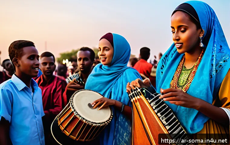 소말리아 현대 음악 - A vibrant live Somali music festival scene at sunset, featuring a diverse group of young Somali musi...