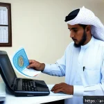 소말리아 비자 신청 방법 - A detailed scene of a Somali embassy office in a Middle Eastern city, showing an Arabic-speaking app...