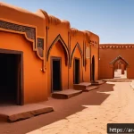소말리아의 전통 건축물 - A traditional Somali architectural scene depicting a desert village with buildings made from natural...