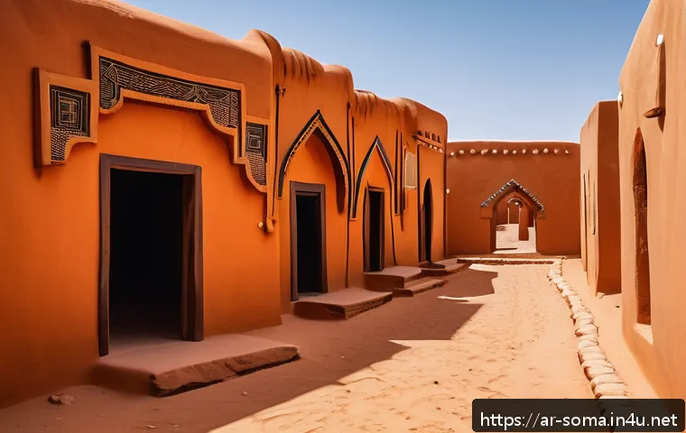 소말리아의 전통 건축물 - A traditional Somali architectural scene depicting a desert village with buildings made from natural...