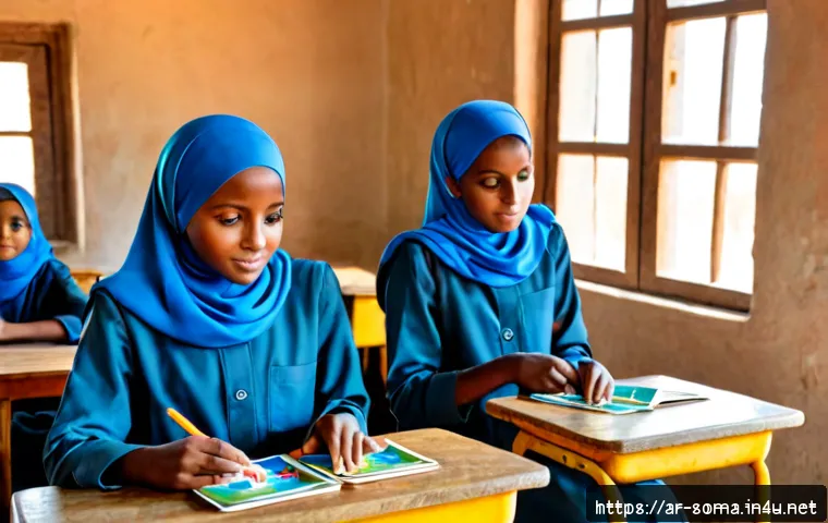Home 17 소말리아 어린이와 교육 - Photorealistic documentary-style scene of Somali elementary school children in modest clean uniforms...