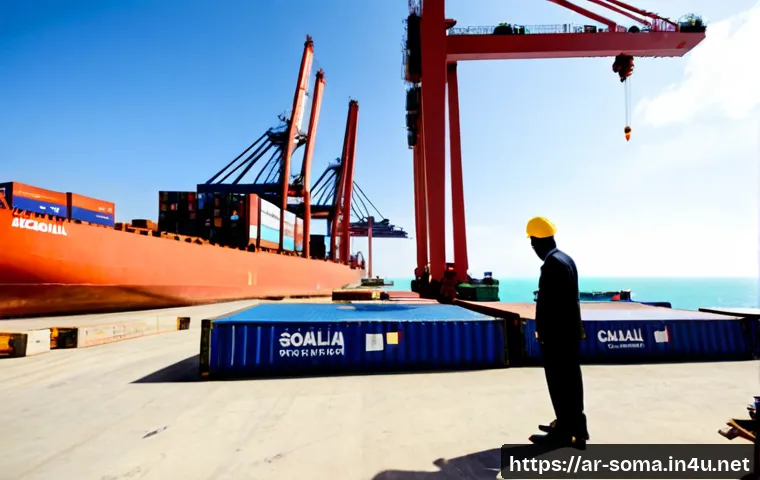 소말리아와 중국의 관계 - Photorealistic wide-angle view of a modern container port on Somalia’s Indian Ocean coast, Somali an...