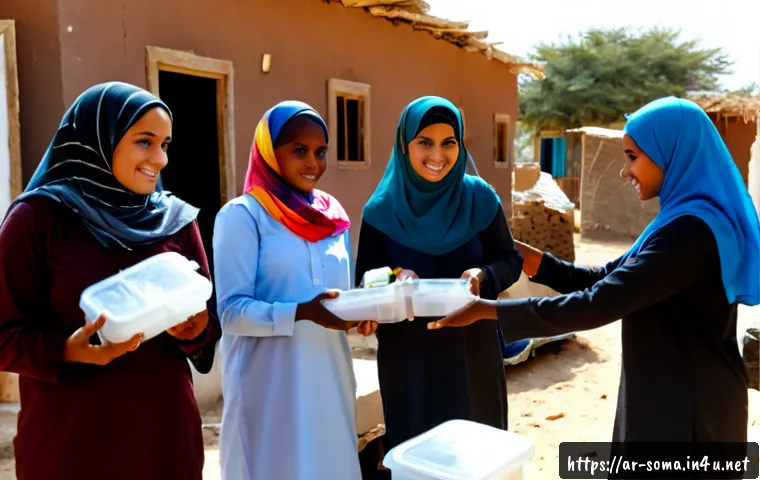 소말리아의 국제 원조 - Photorealistic humanitarian aid distribution in a Somali coastal village, Arab humanitarian worker i...